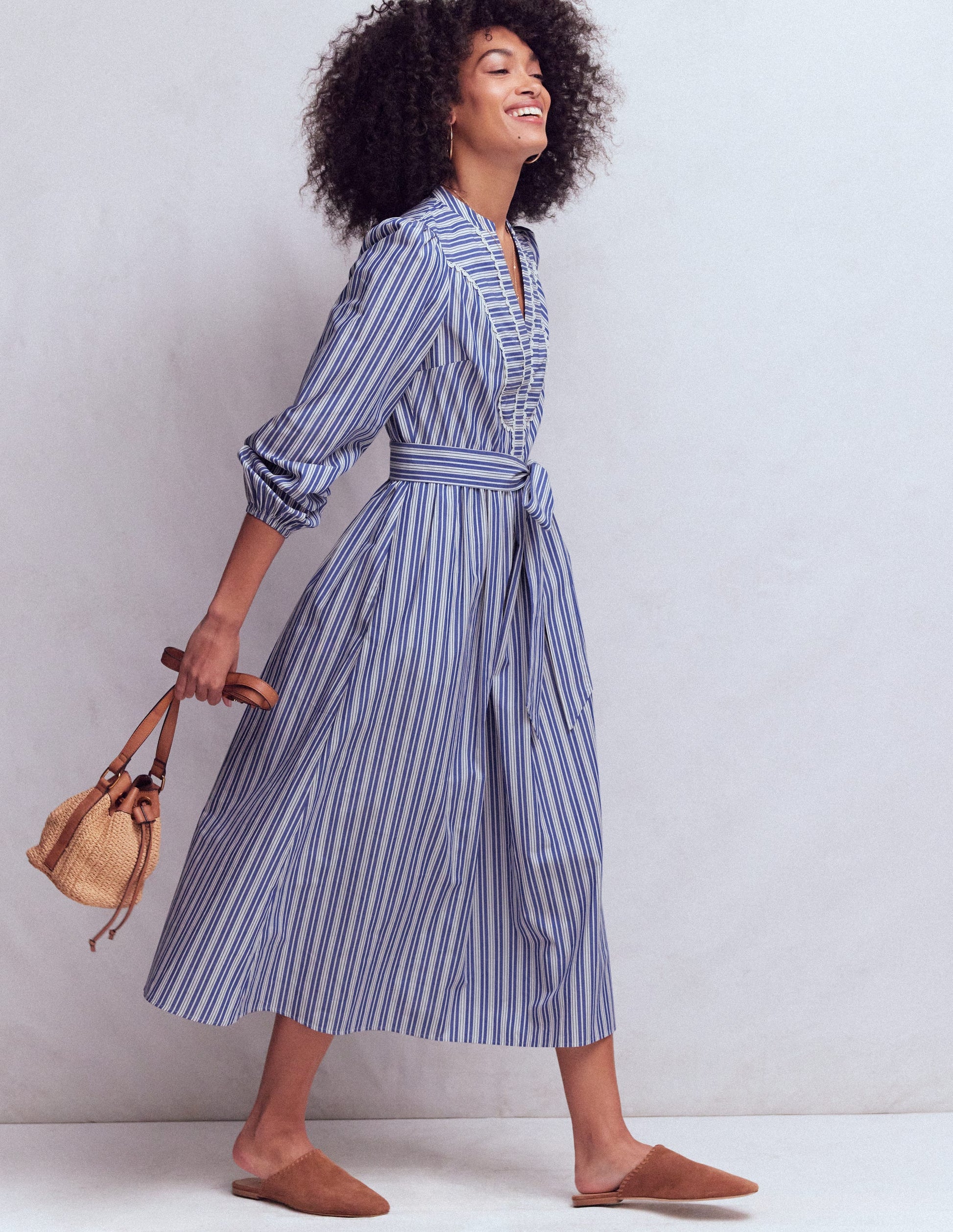 Cary Cotton Midi Dress-Bright Blue Varigated Stripe | Boden USA Cary Cotton Midi Dress-Bright Blue Varigated Stripe | Boden USA