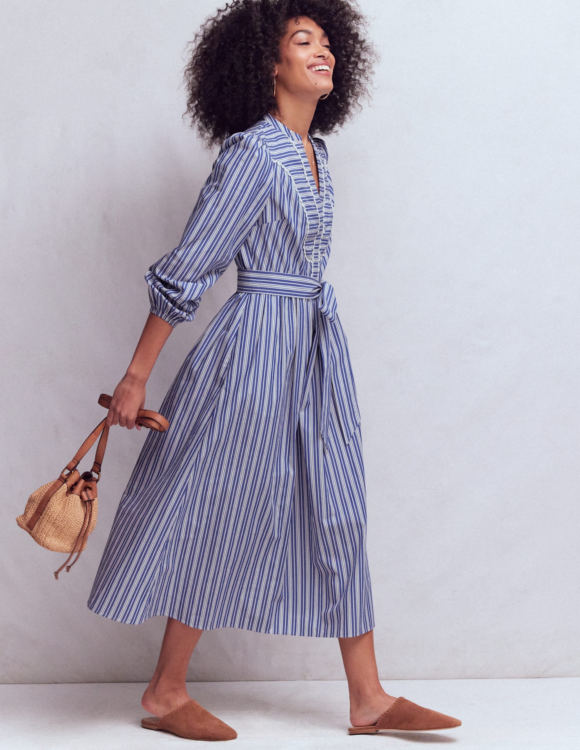 Cary Cotton Midi Dress-Bright Blue Varigated Stripe - Image 1