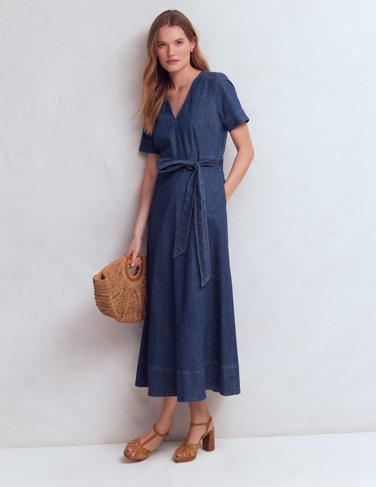 V-Neck Denim Dress-Mid Vintage - Image 1