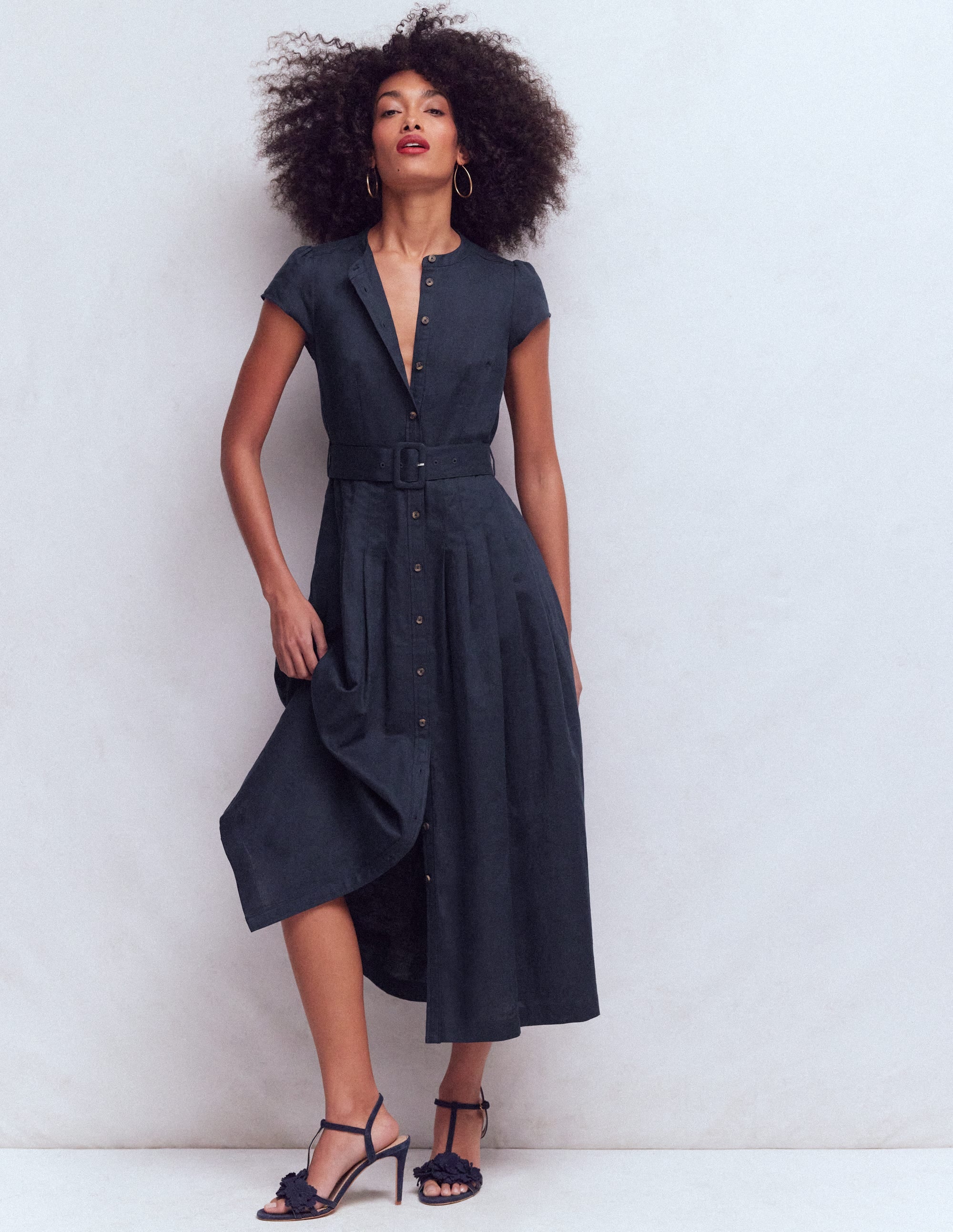 Arabella Linen Blend Dress - Navy