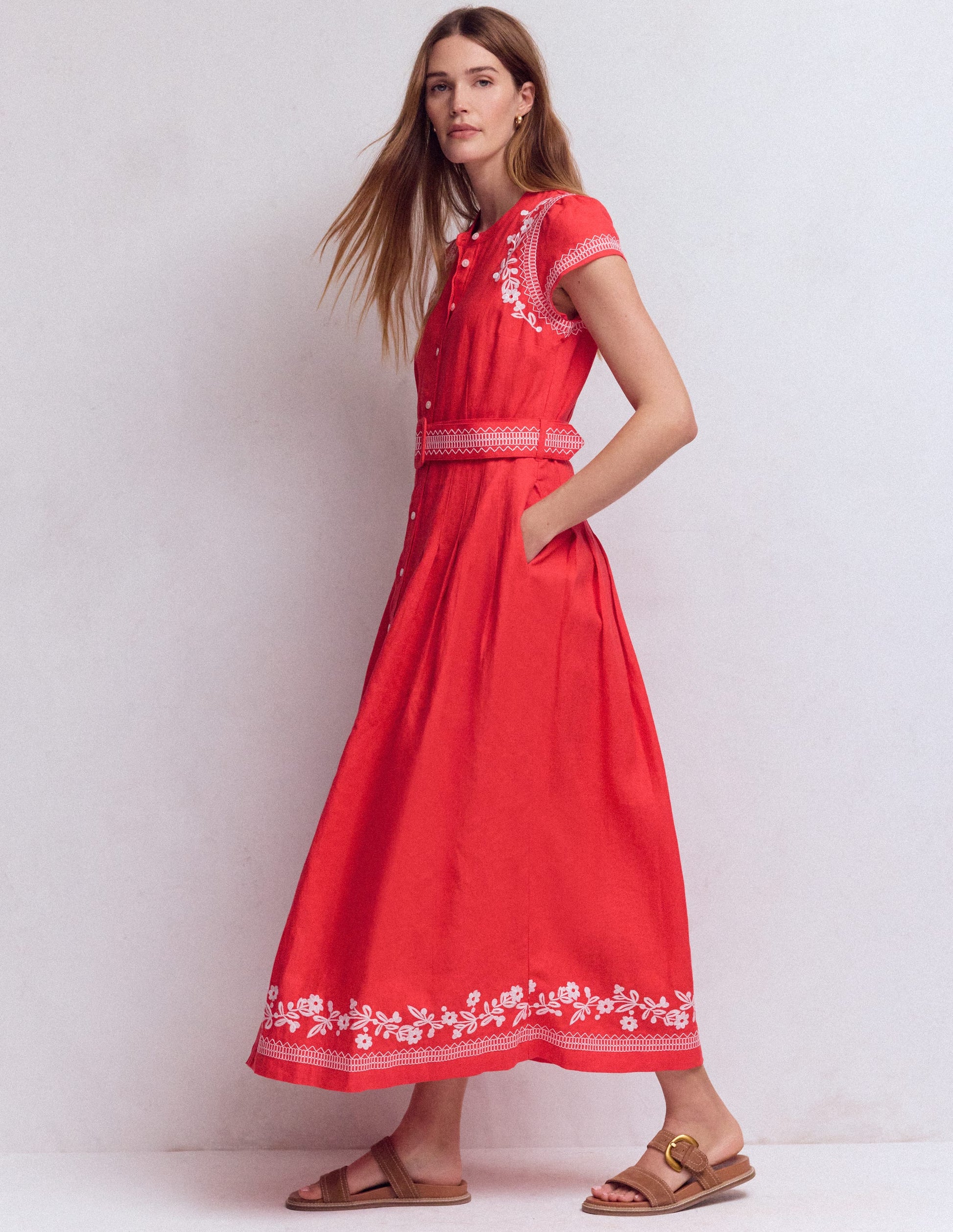 Arabella Linen Blend Dress-Red Embroidery-4