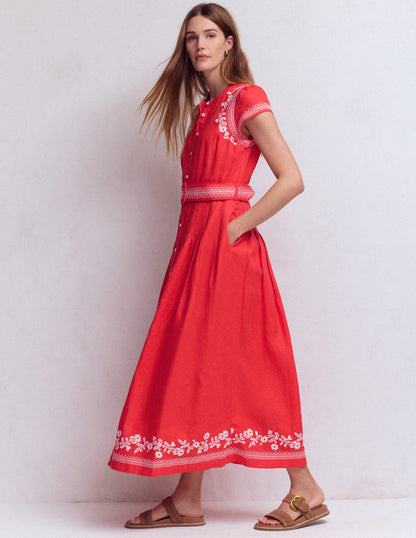 Arabella Linen Blend Dress-Red Embroidery-4