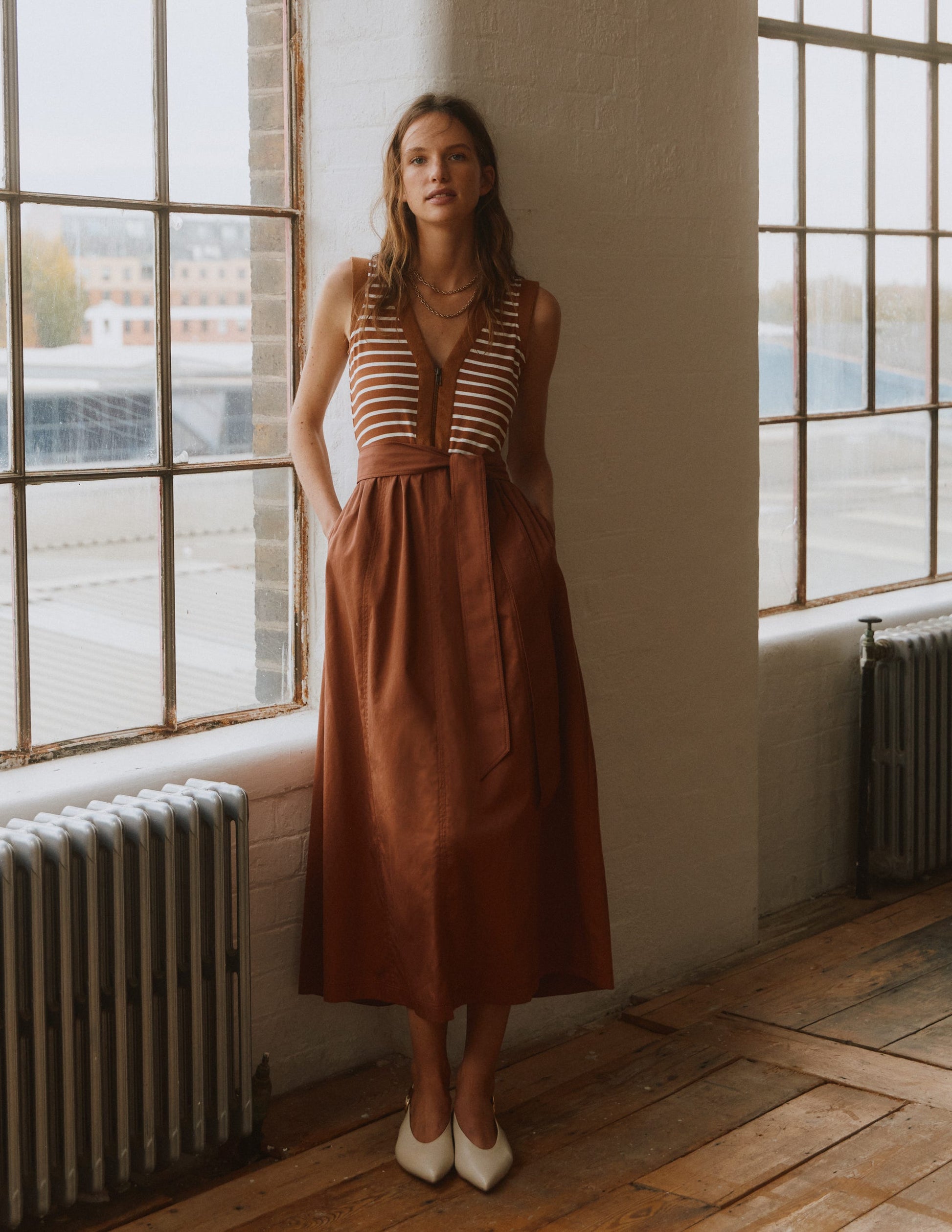 Zip-front Mix Media Dress-Ginger and Ivory Stripe-1