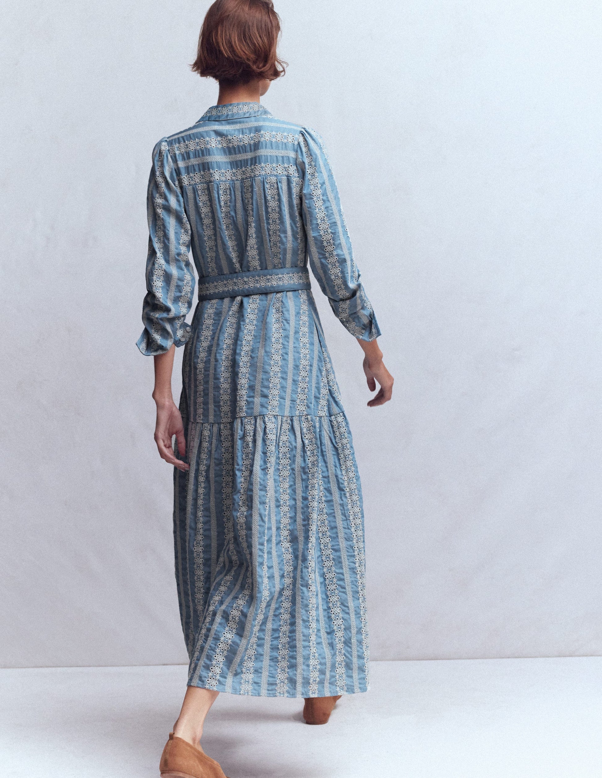 knee length dresses for ladies Ellie Cotton Maxi Shirt Dress-Broderie Denim