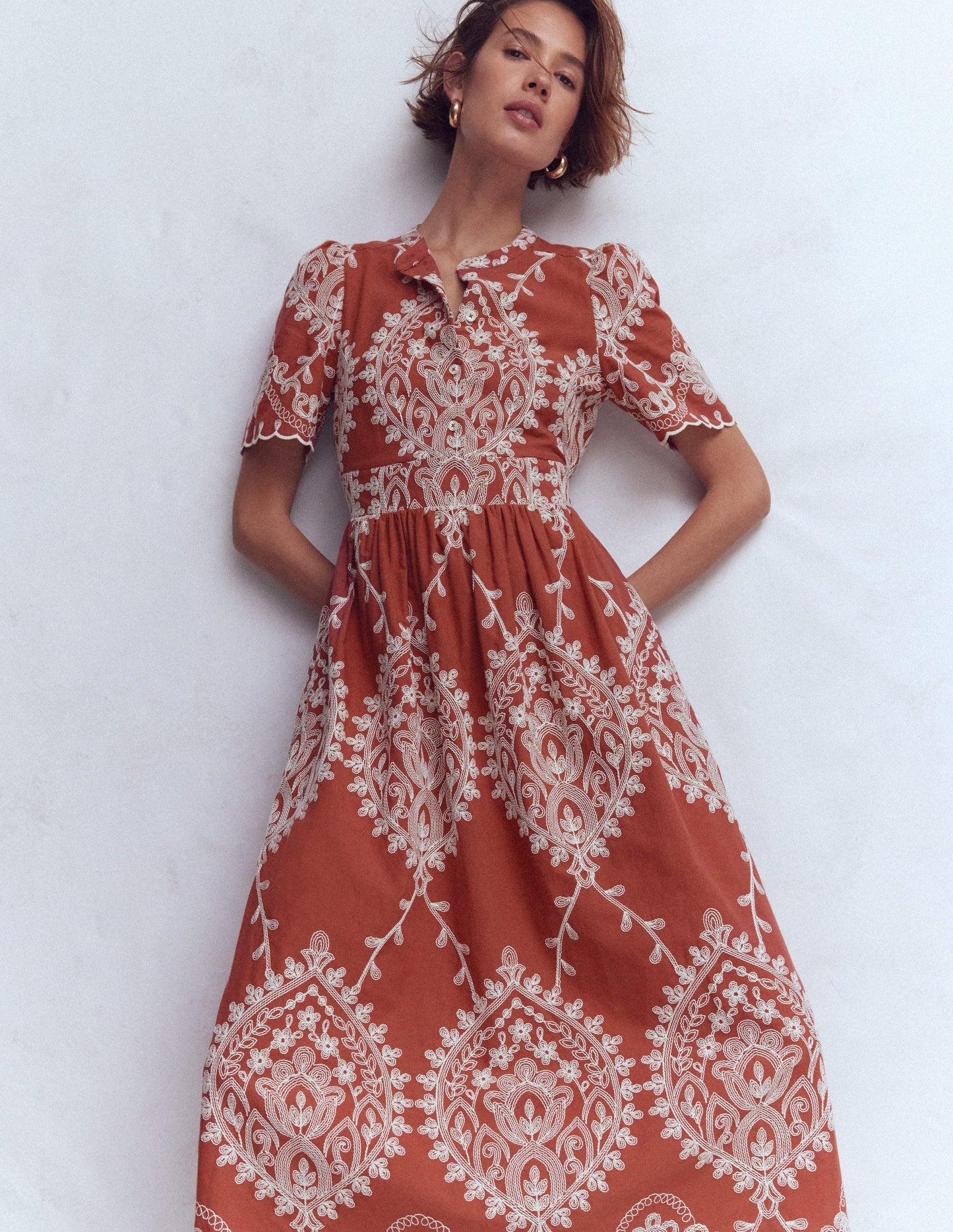 Ivy Cotton Midi Dress-Rust Embroidery
