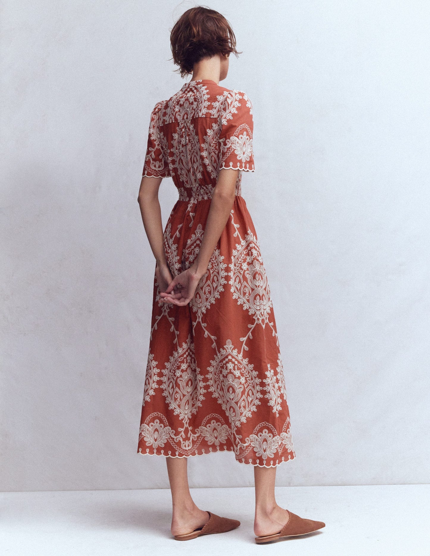 Ivy Cotton Midi Dress-Rust Embroidery