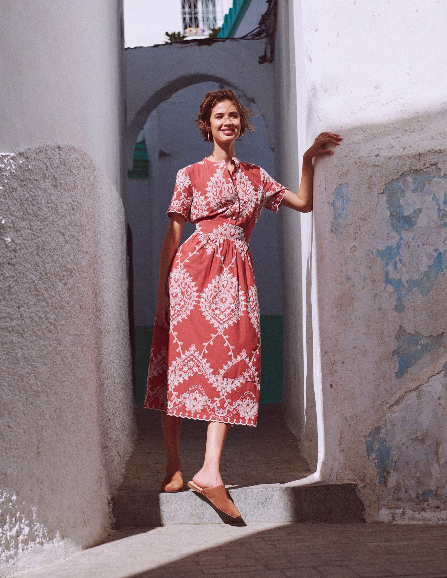 Ivy Cotton Midi Dress-Rust Embroidery