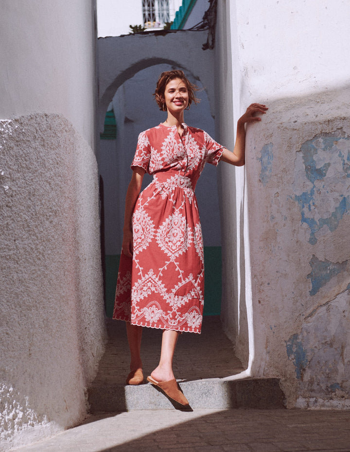 Ivy Cotton Midi Dress-Rust Embroidery