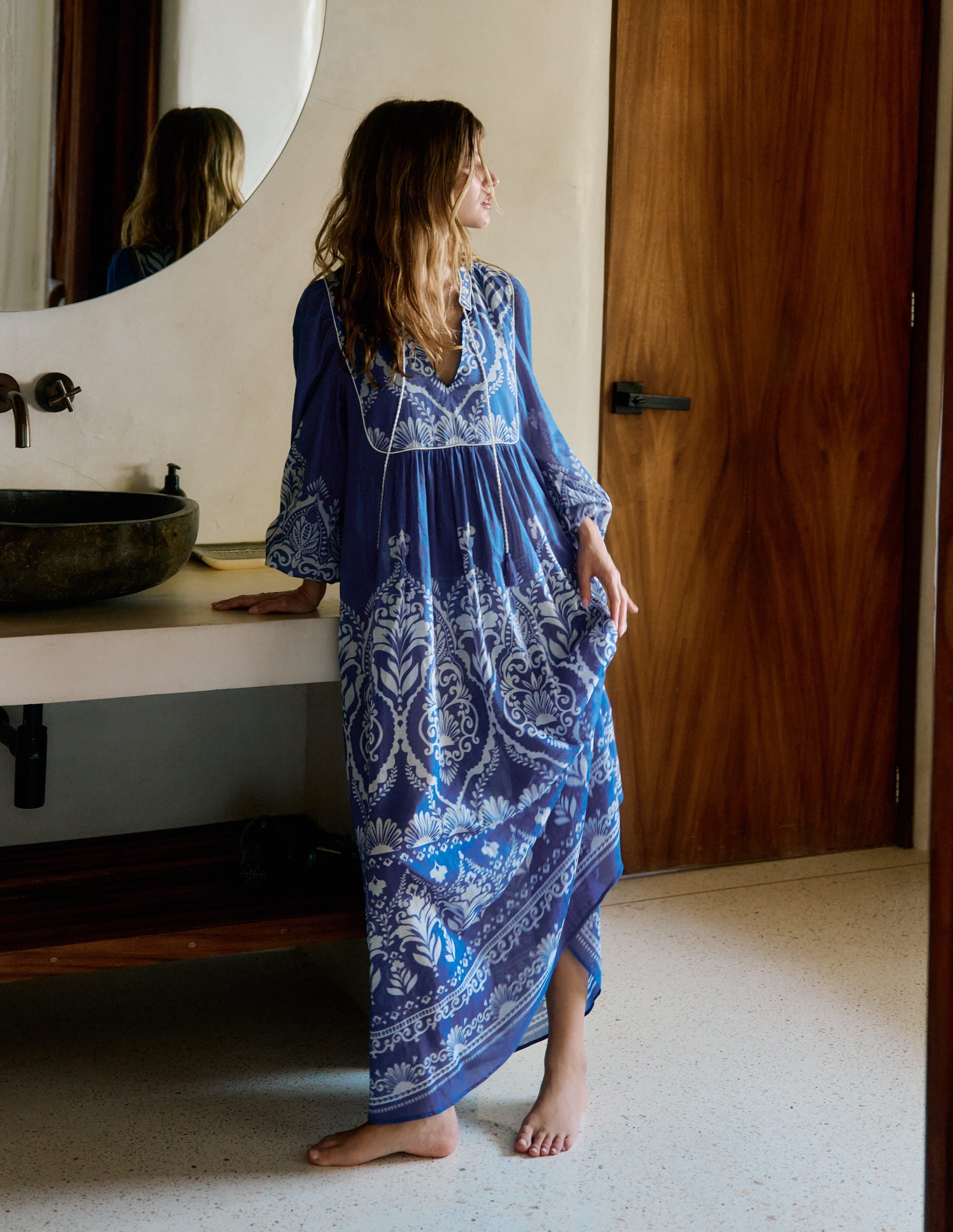 Boho Tie Neck Kaftan - Blue Ornamental Garden
