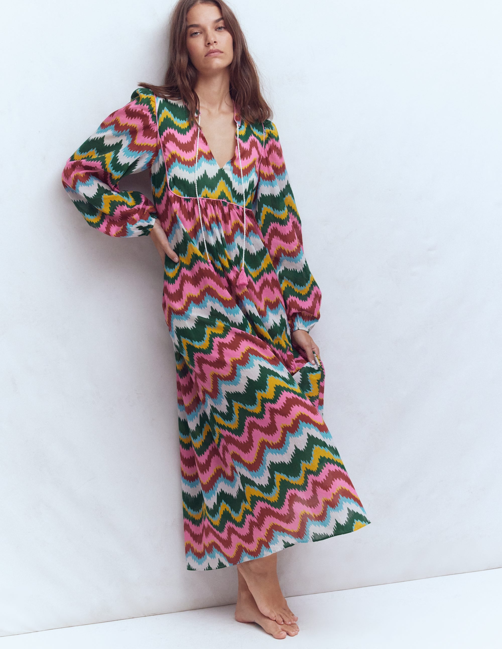 Boho Tie Neck Kaftan-Multi, Zig Zag Wave - Image 1