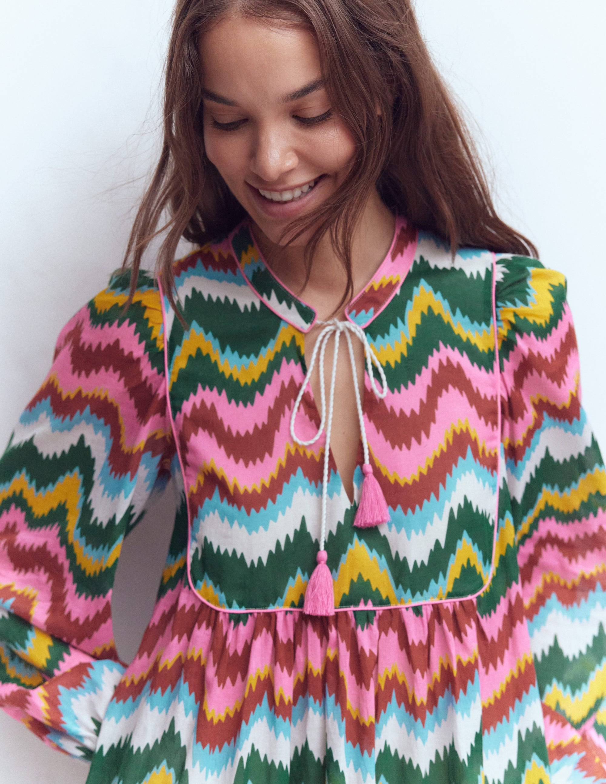 Boho Tie Neck Kaftan-Multi, Zig Zag Wave - Image 2