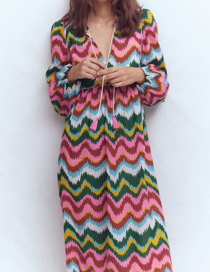 Boho Tie Neck Kaftan-Multi, Zig Zag Wave-5
