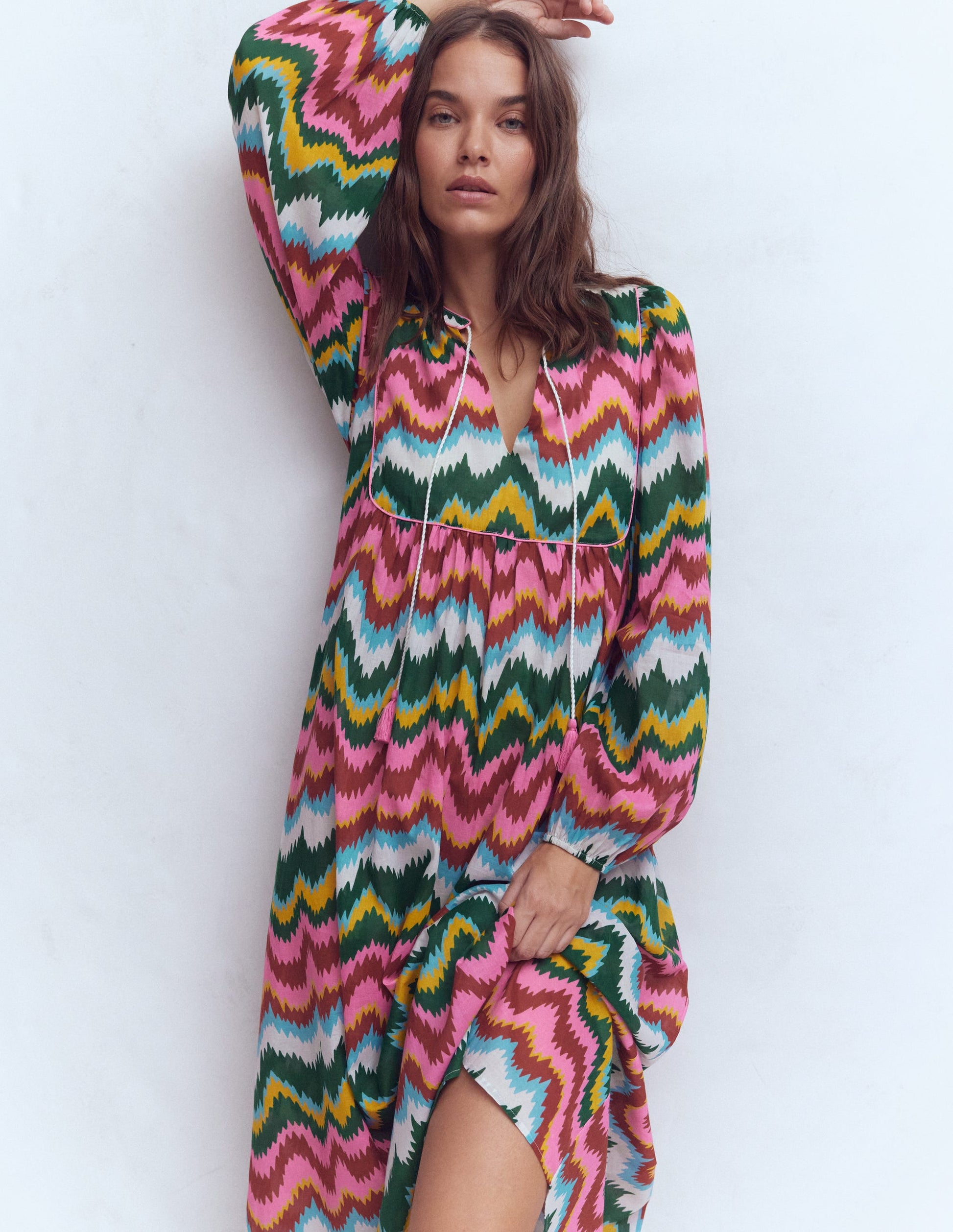 Boho Tie Neck Kaftan-Multi, Zig Zag Wave-6