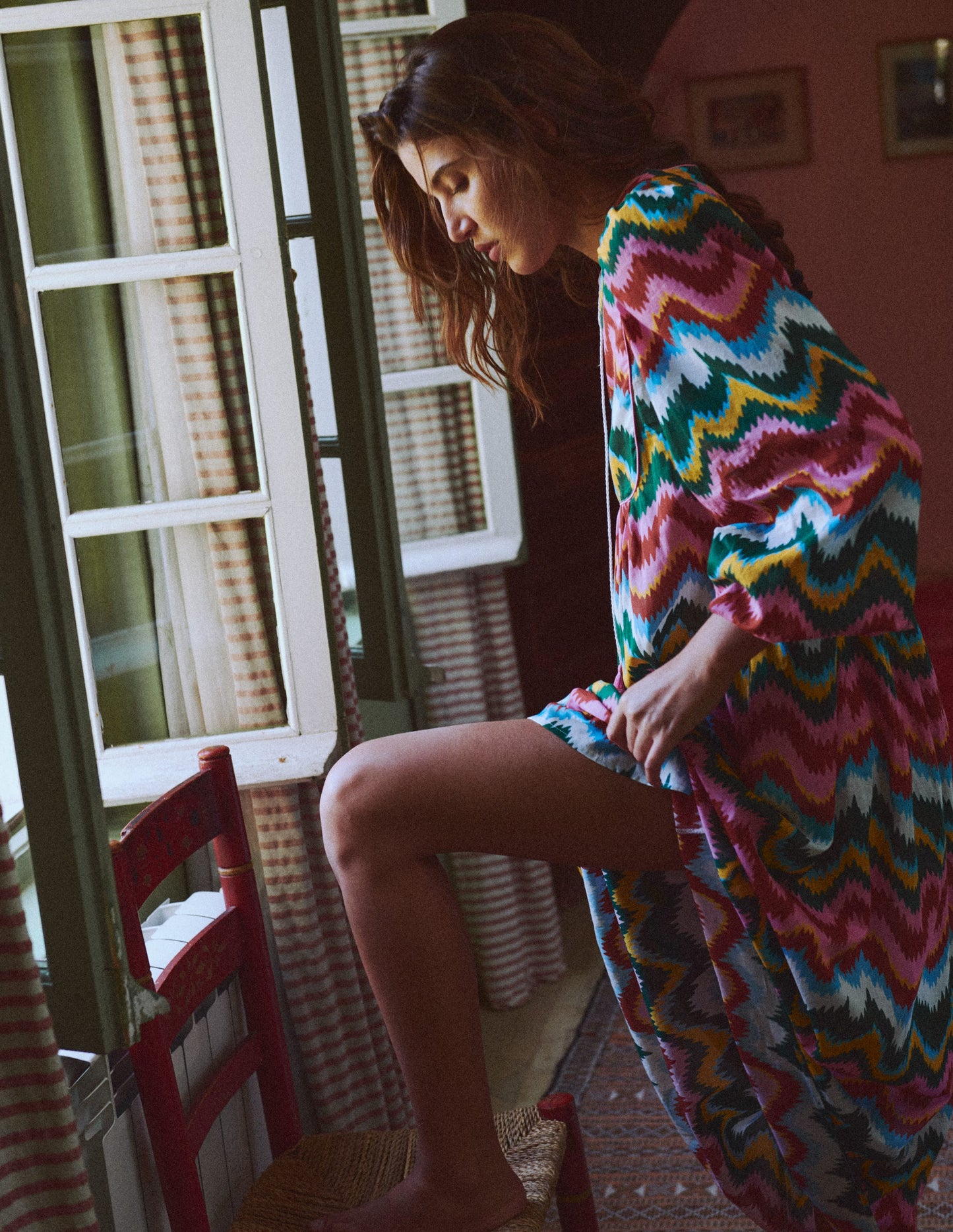 Boho Tie Neck Kaftan-Multi, Zig Zag Wave