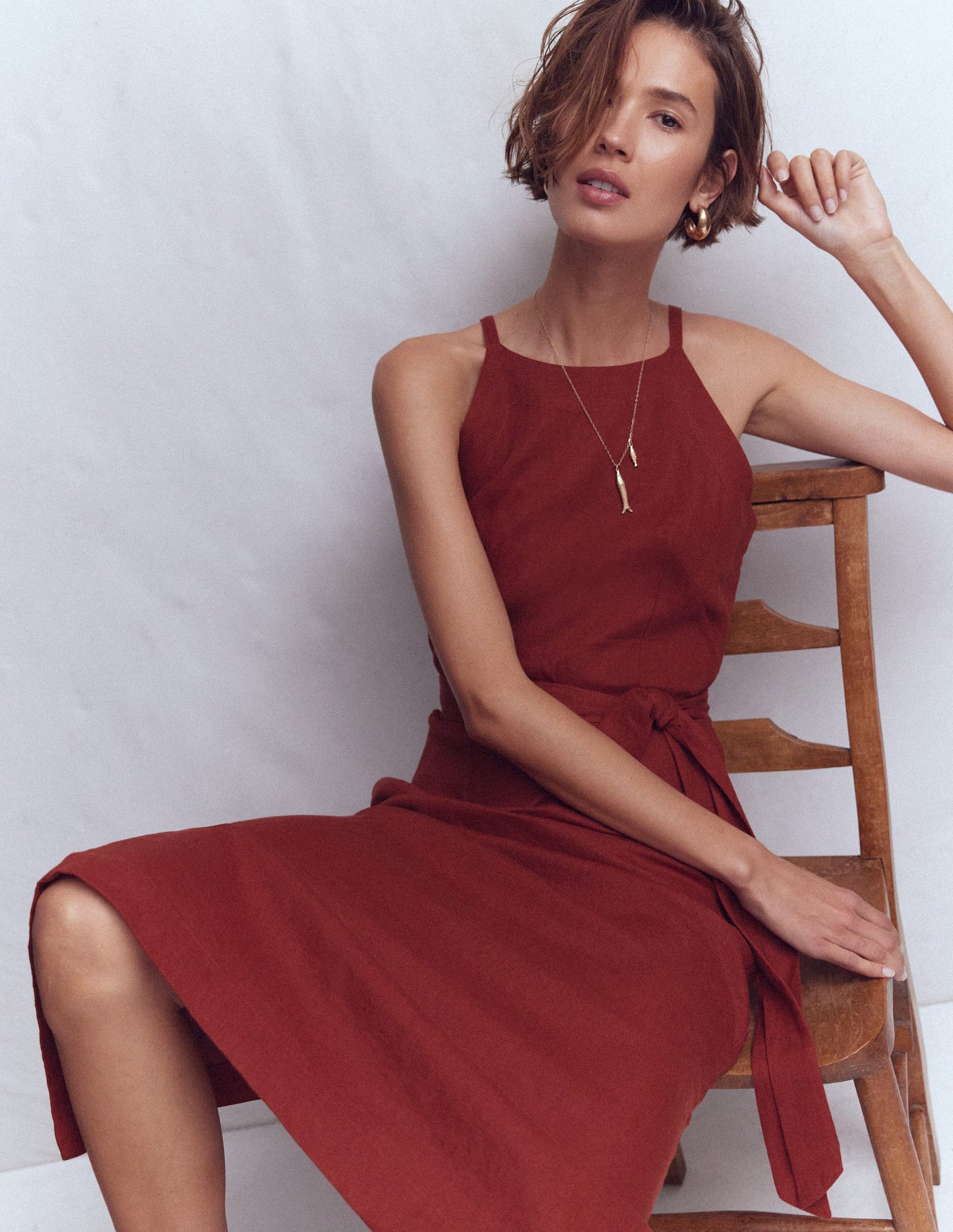 Rosa Halter Linen Midi Dress-Burnt Orange