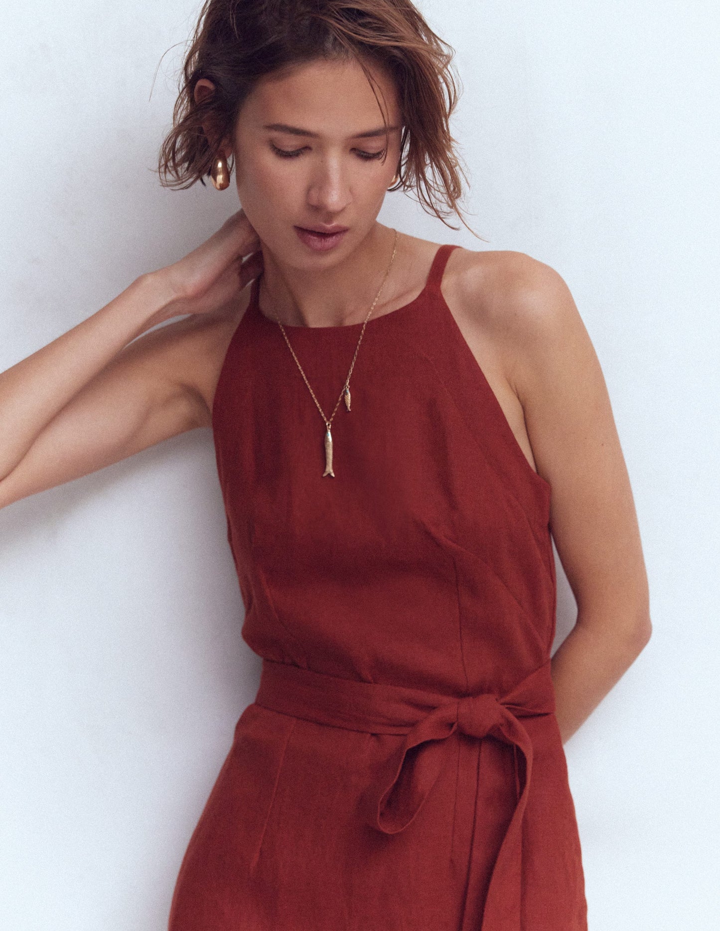 Rosa Halter Linen Midi Dress-Burnt Orange