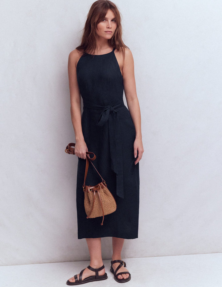 Rosa Halter Linen Midi Dress-Navy