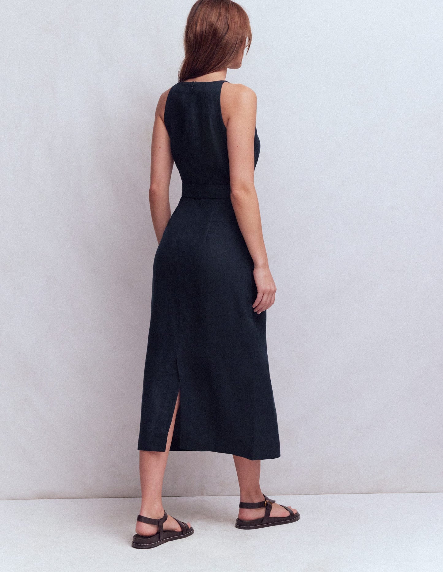 Rosa Halter Linen Midi Dress-Navy