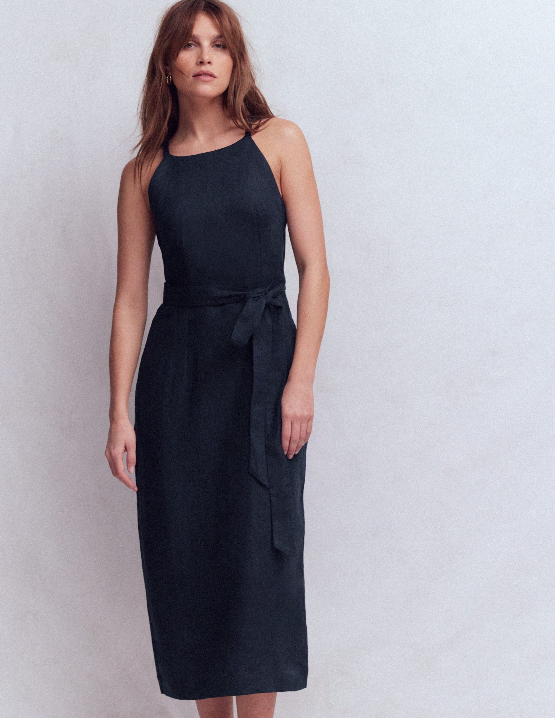 Rosa Halter Linen Midi Dress-Navy | Boden USA Rosa Halter Linen Midi Dress-Navy | Boden USA
