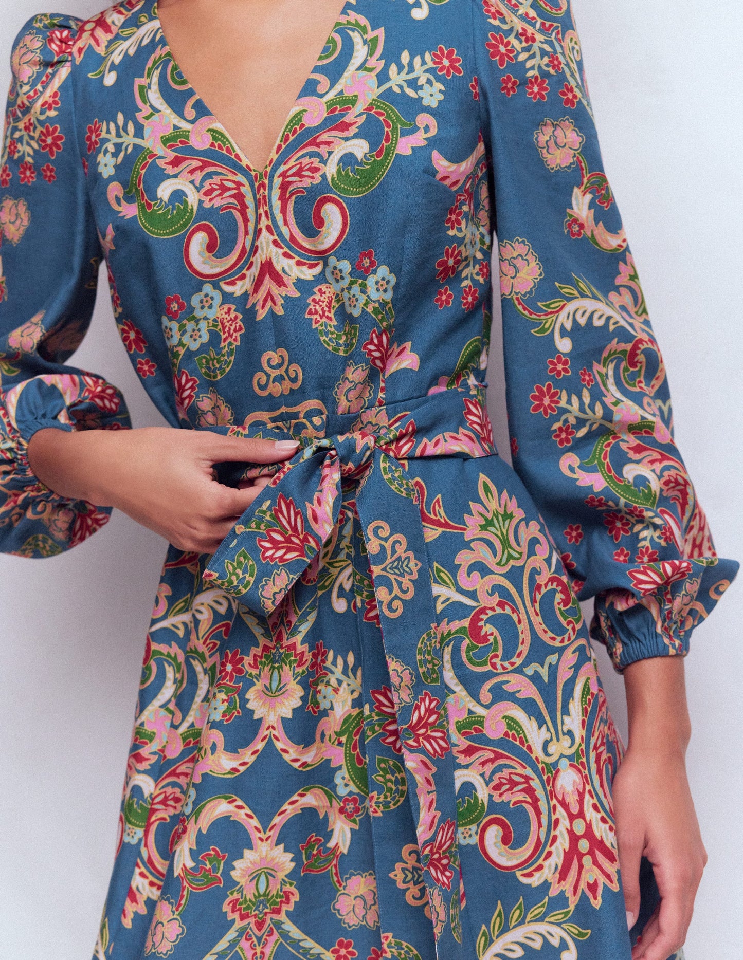 Florence Linen Blend Dress-Blue, Enchanting Bouquet