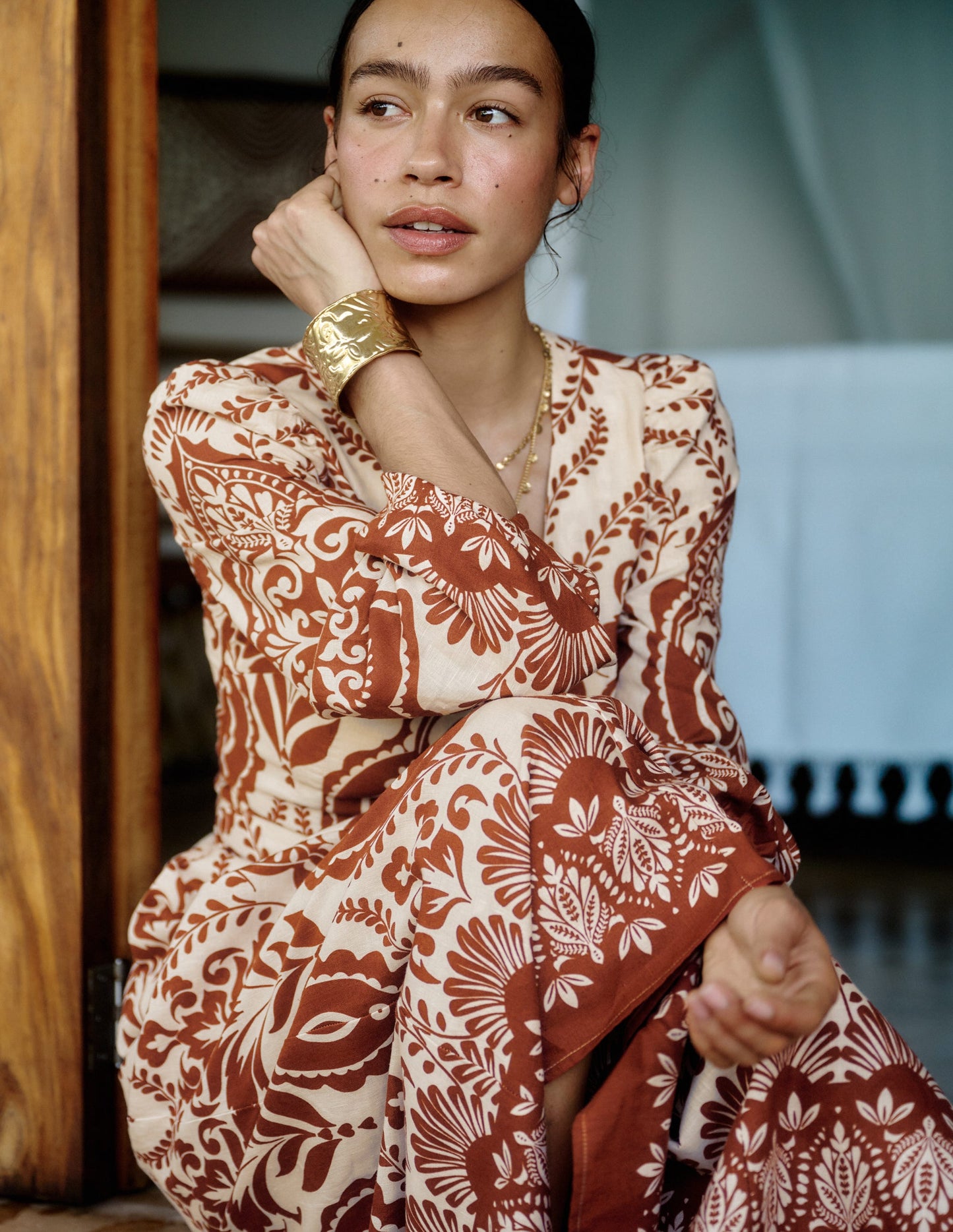 Florence Linen Blend Dress-Brown Ornamental Garden