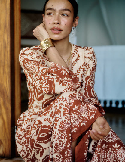 Florence Linen Blend Dress-Brown Ornamental Garden-4