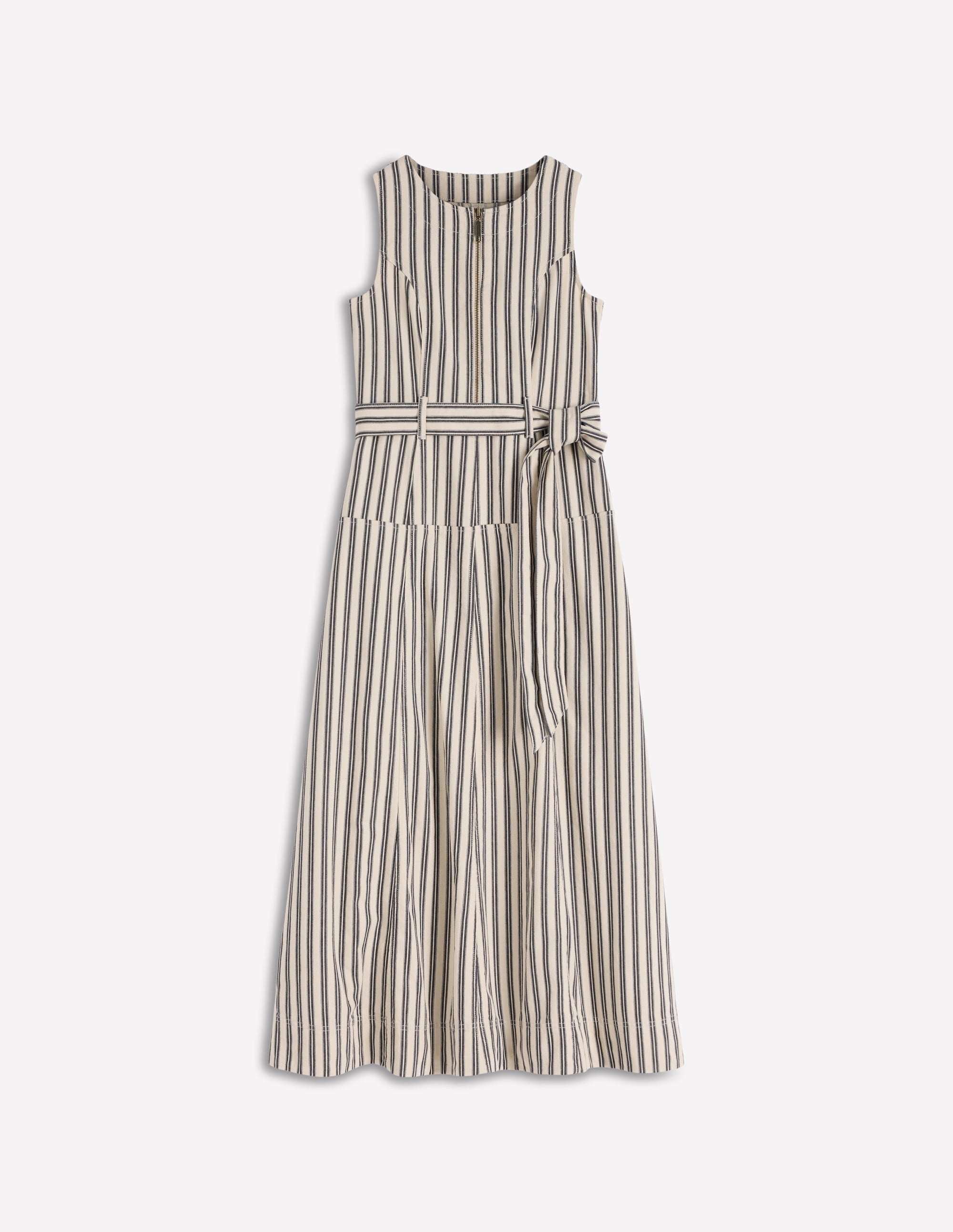 Sleeveless Zip Denim Dress-Ivory and Navy Stripe - Image 5