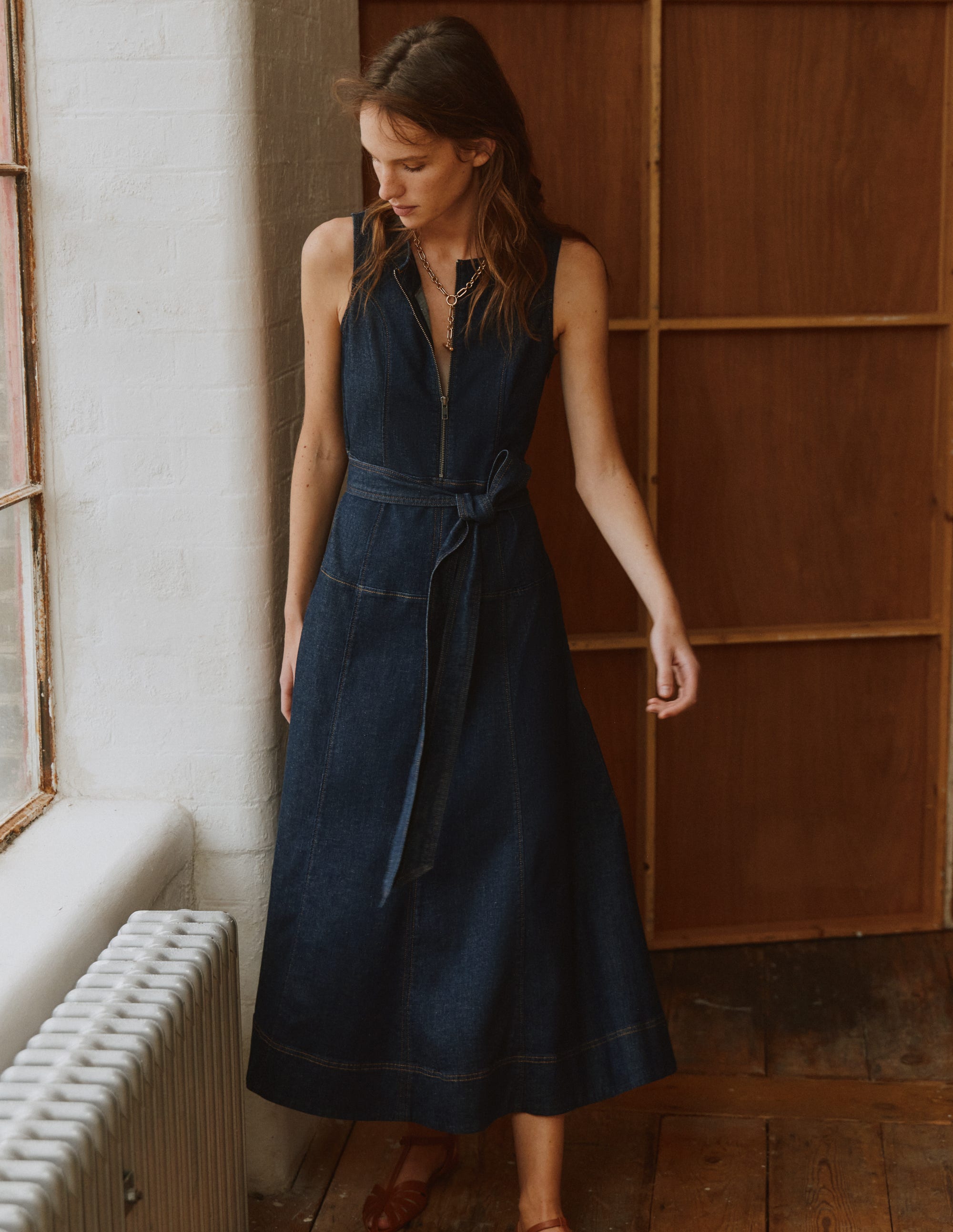 Boden Women's Sleeveless Zip Denim Dress in Blue