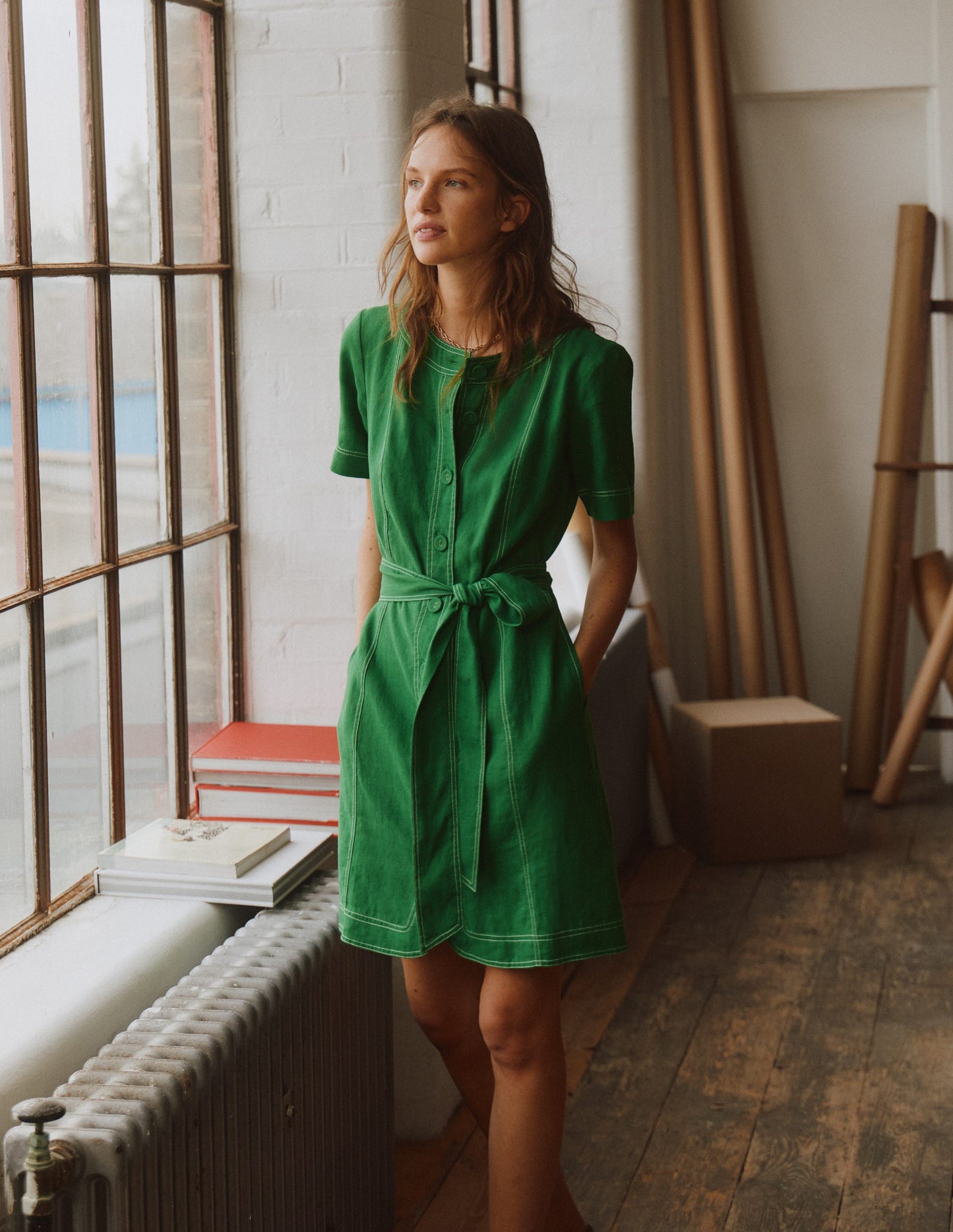 Callie Linen Short Dress-Highland Green
