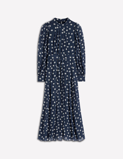 High Neck Occasion Dress-French Navy, Painted Dot-5