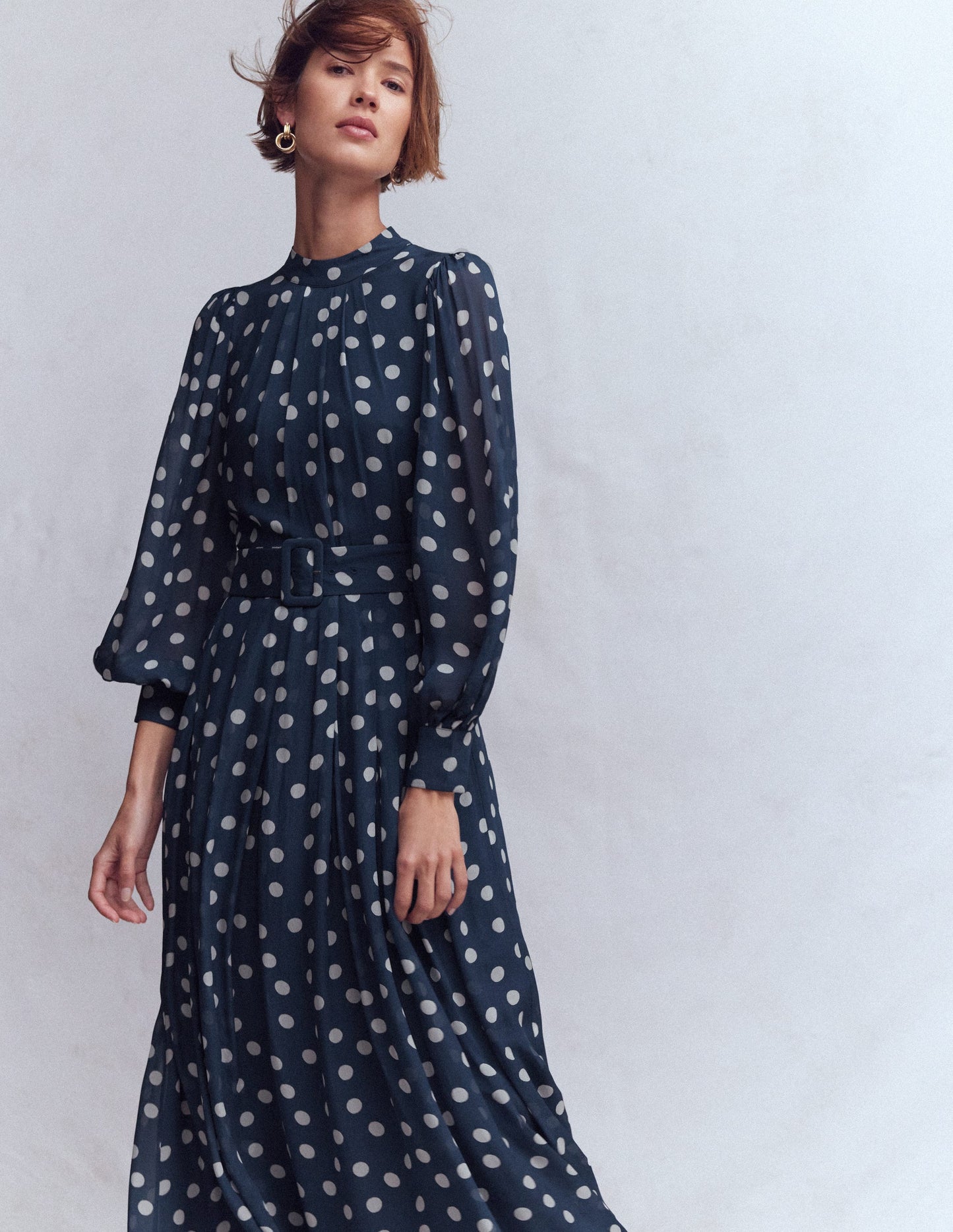 High Neck Occasion Dress-French Navy, Painted Dot