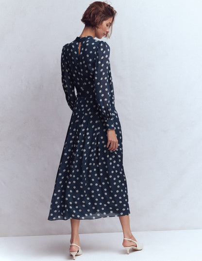 High Neck Occasion Dress-French Navy, Painted Dot-3