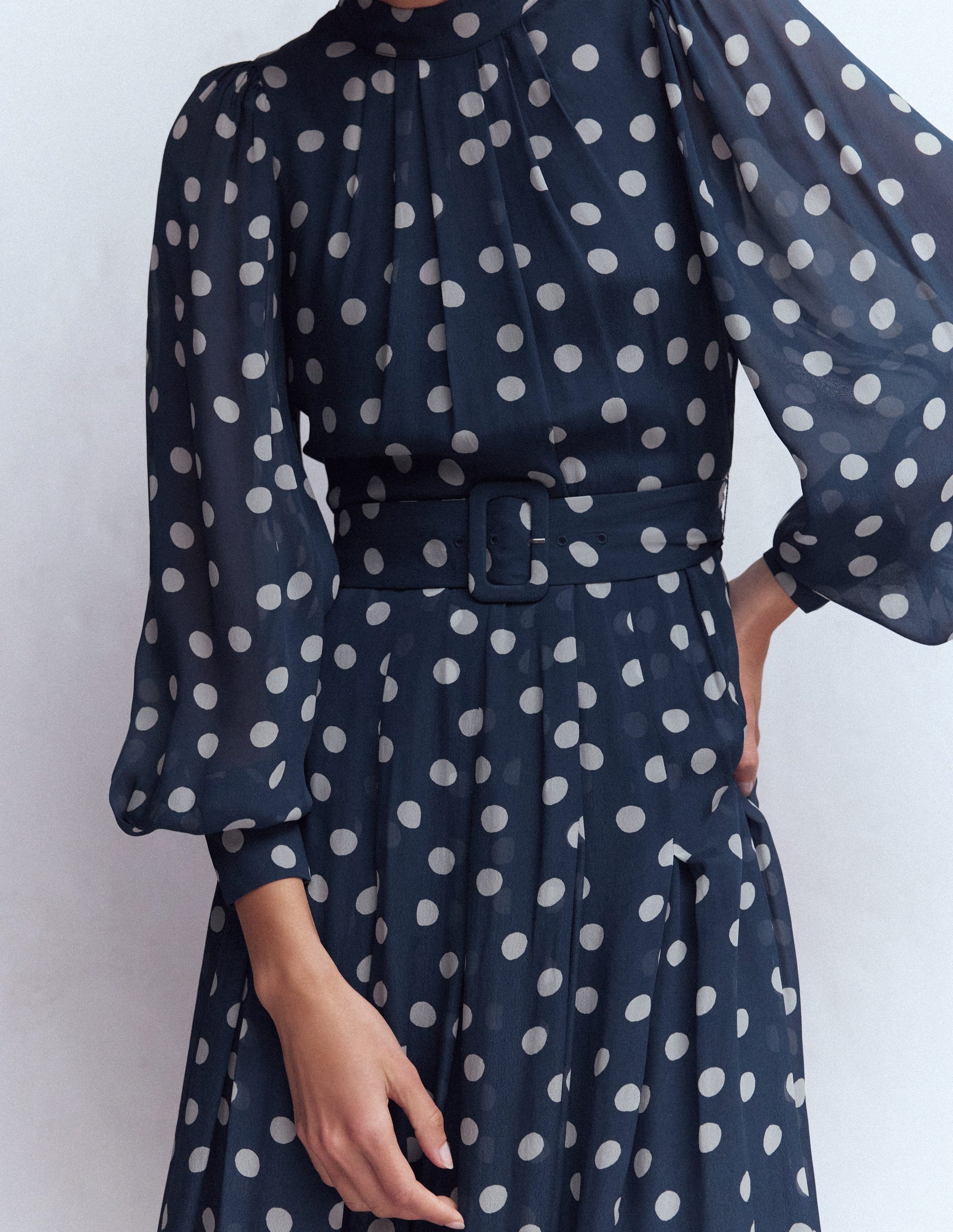 High Neck Occasion Dress-French Navy, Painted Dot-4
