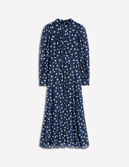 High Neck Occasion Dress-French Navy, Painted Dot-5