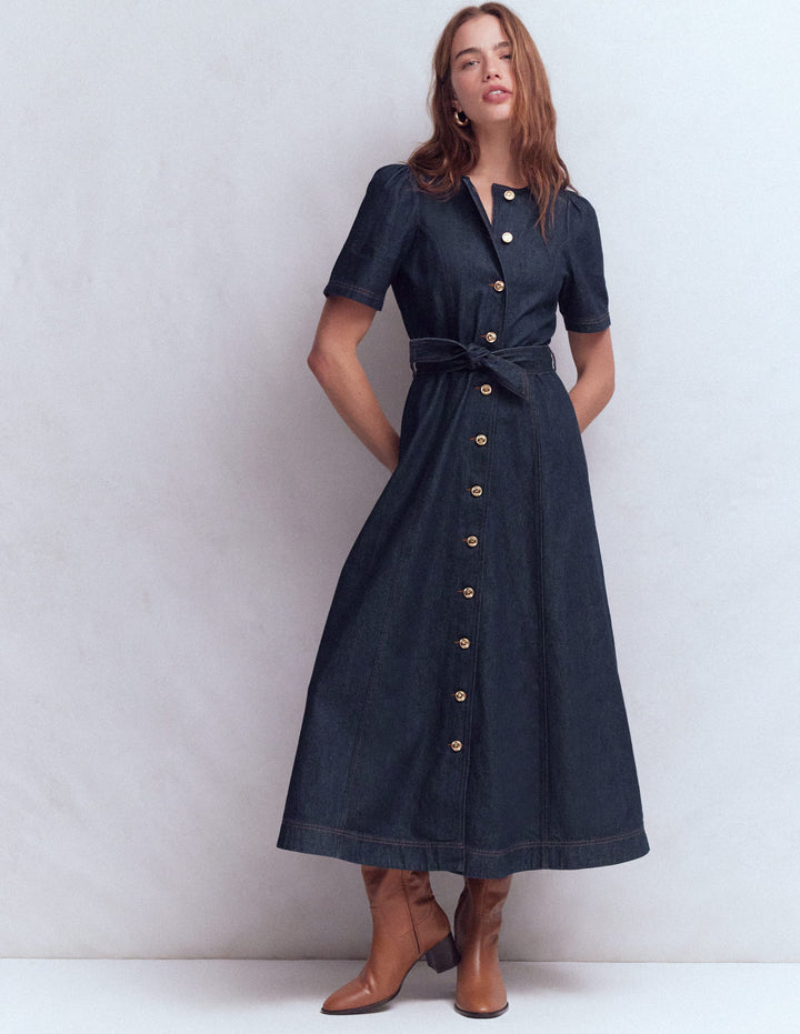 Button Detail Denim Dress-Indigo