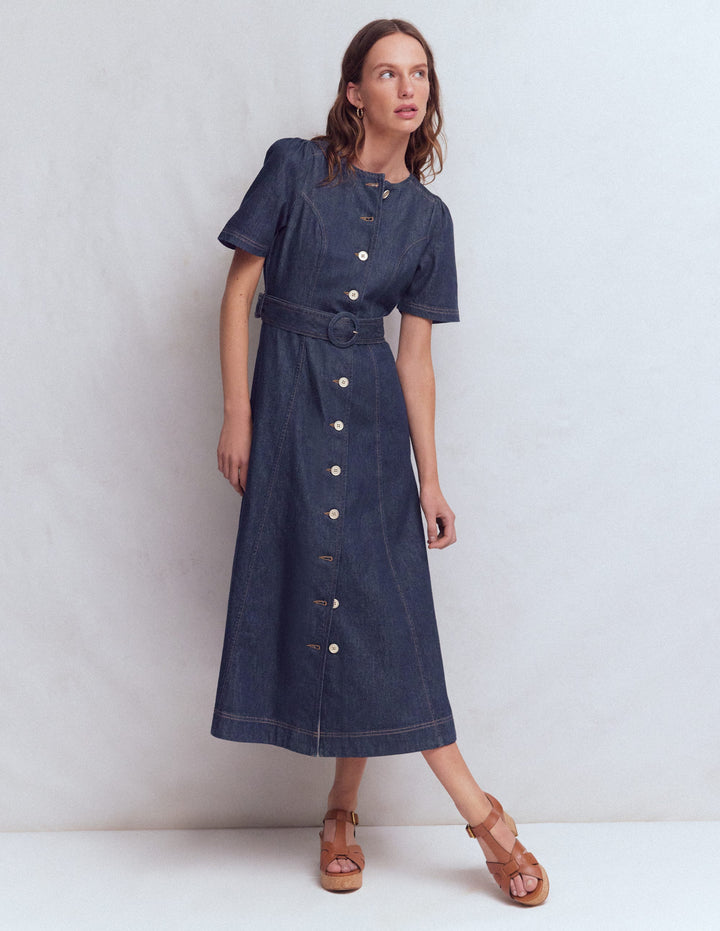 Button Detail Denim Dress-Indigo Wash