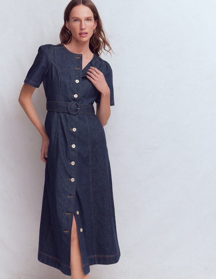 Button Detail Denim Dress-Indigo Wash