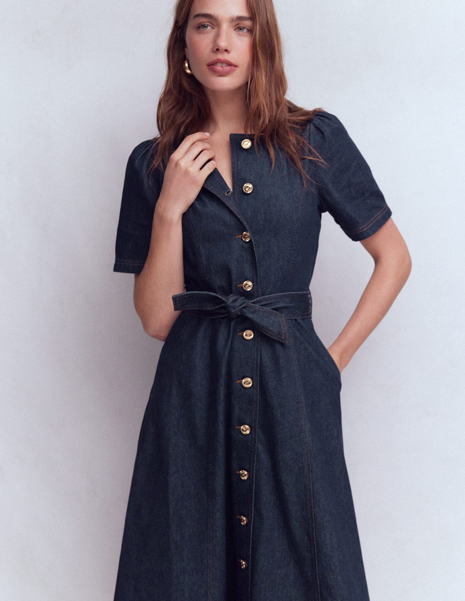 Button Detail Denim Dress-Indigo-4