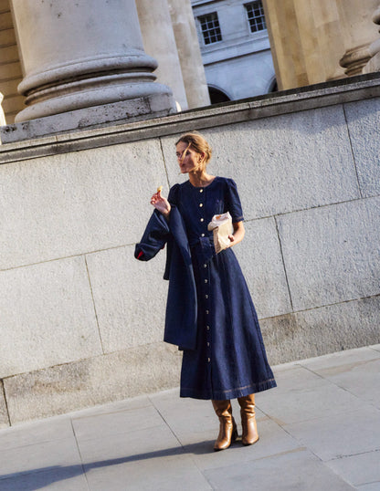 Button Detail Denim Dress-Indigo-1