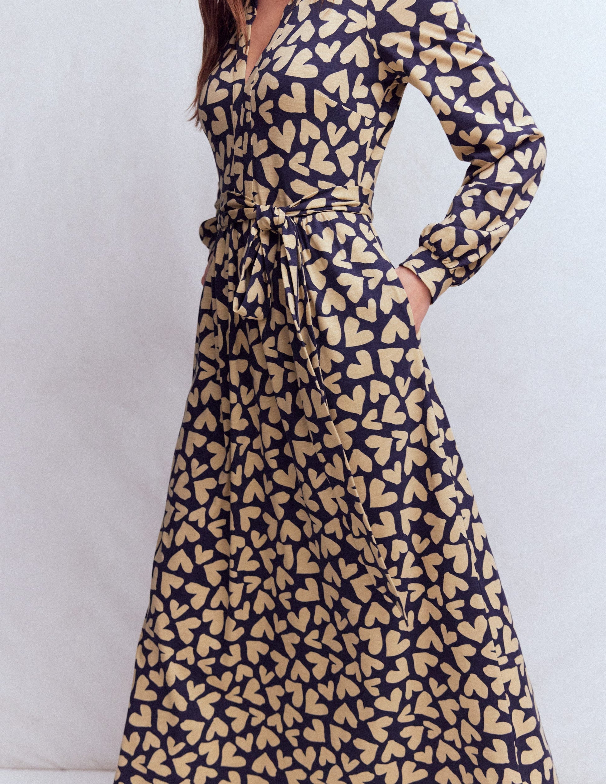 Naomi Long Sleeve Jersey Dress-French Navy, Heart Scatter-2