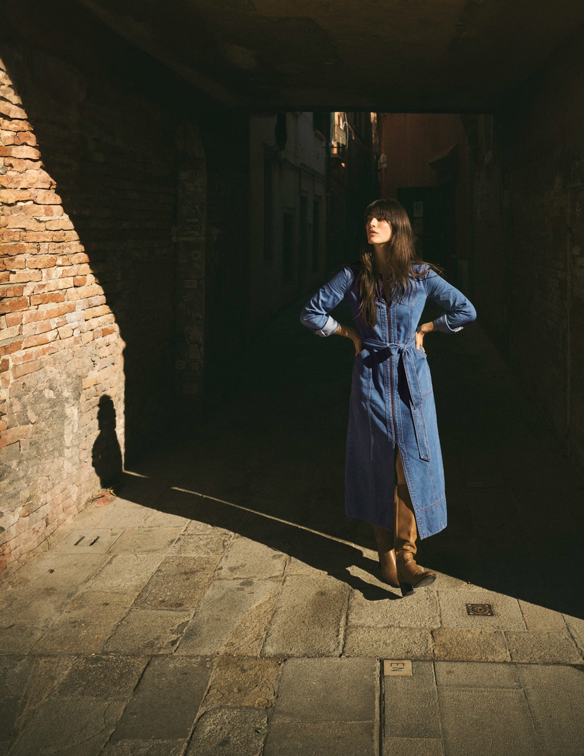 Zip Denim Straight Dress-Mid Vintage Denim - Image 2
