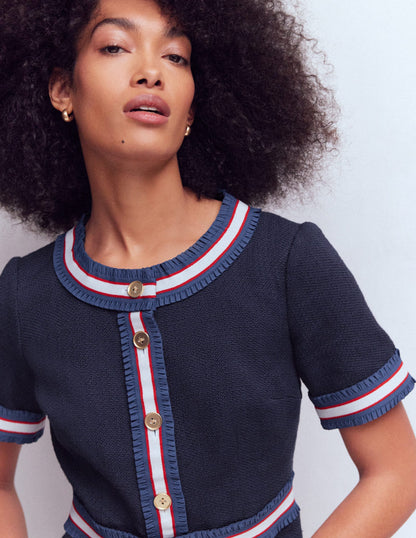 Button Short Dress-Navy Ribbon Trim-2