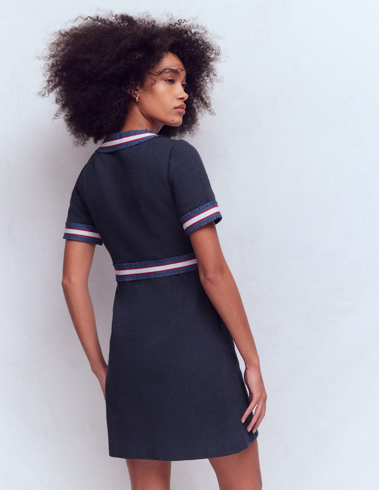 Button Short Dress-Navy Ribbon Trim