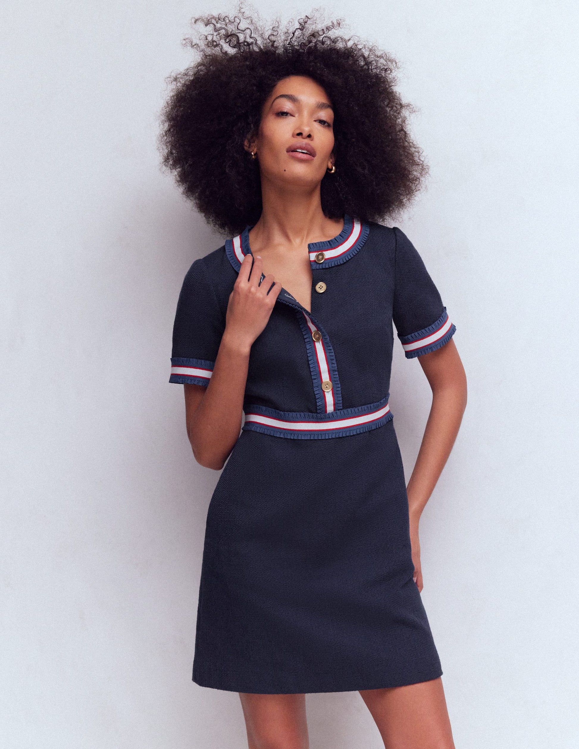 Button Short Dress-Navy Ribbon Trim-4