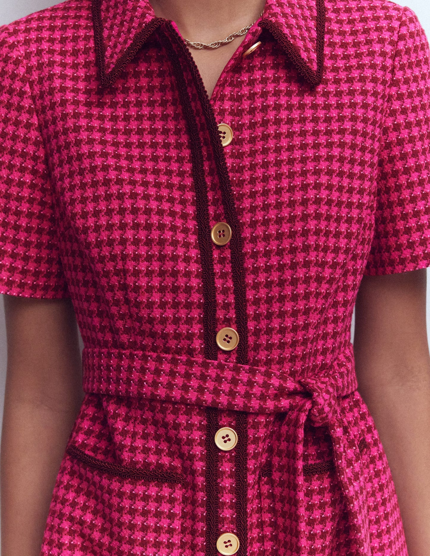 Loren Trim Short Dress-Pink Dogtooth