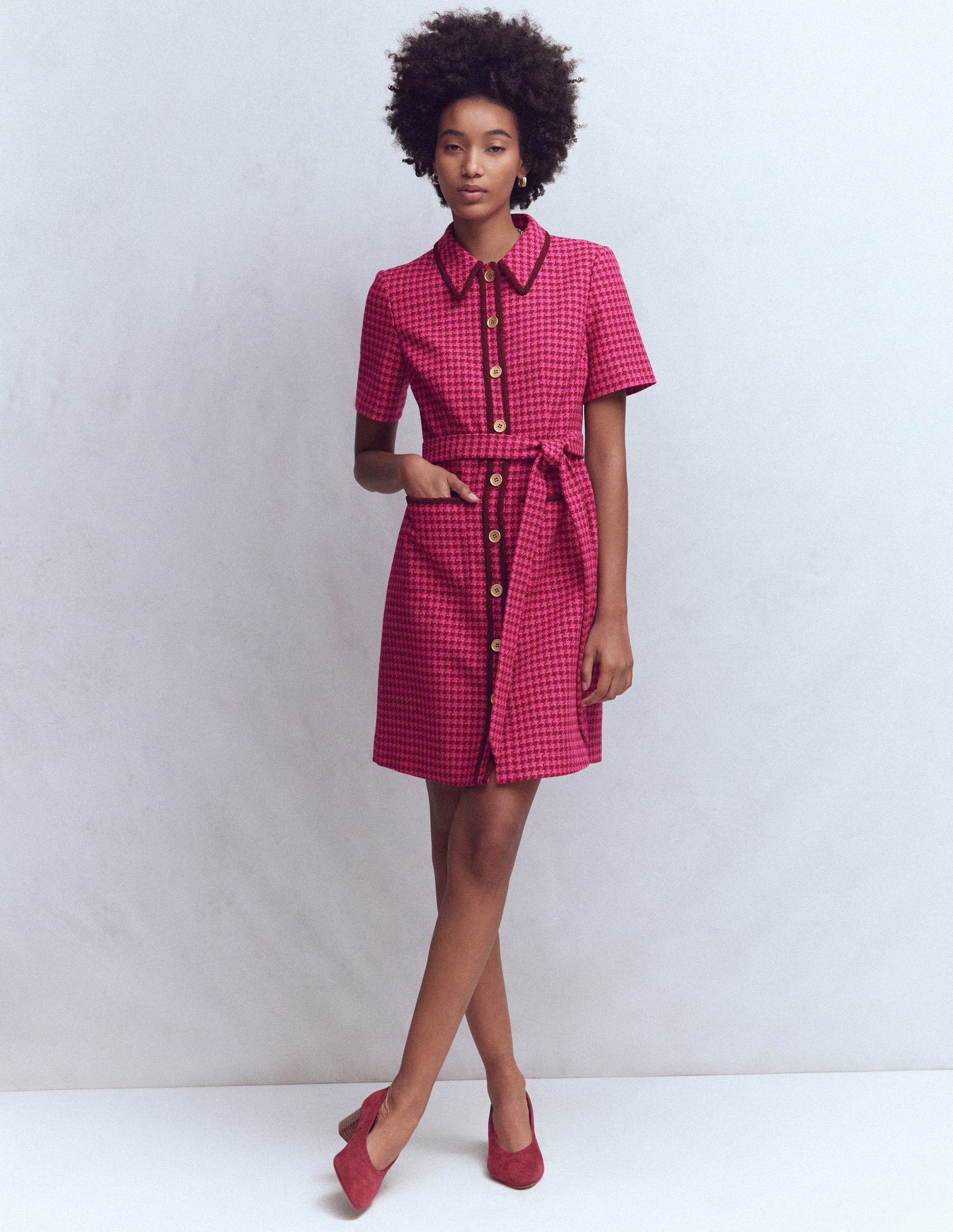 Loren Trim Short Dress-Red & Pink Dogtooth | Boden USA Loren Trim Short Dress-Red & Pink Dogtooth | Boden USA