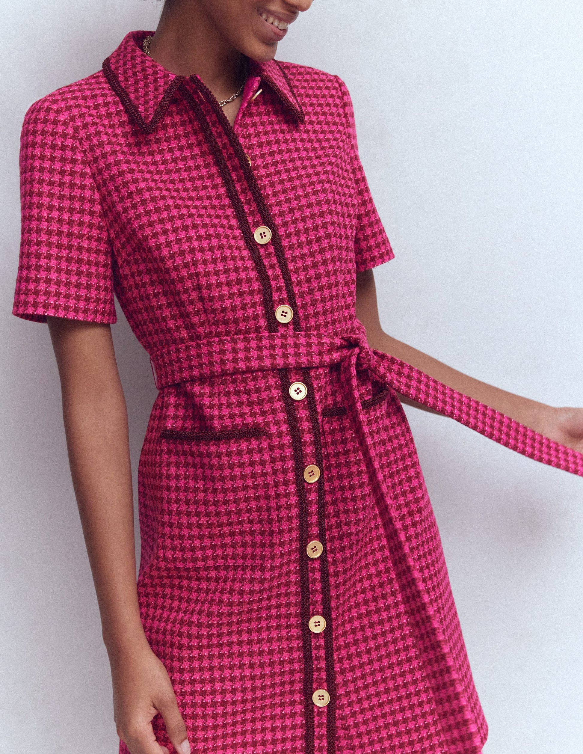 Loren Trim Short Dress-Red & Pink Dogtooth | Boden USA Loren Trim Short Dress-Red & Pink Dogtooth | Boden USA