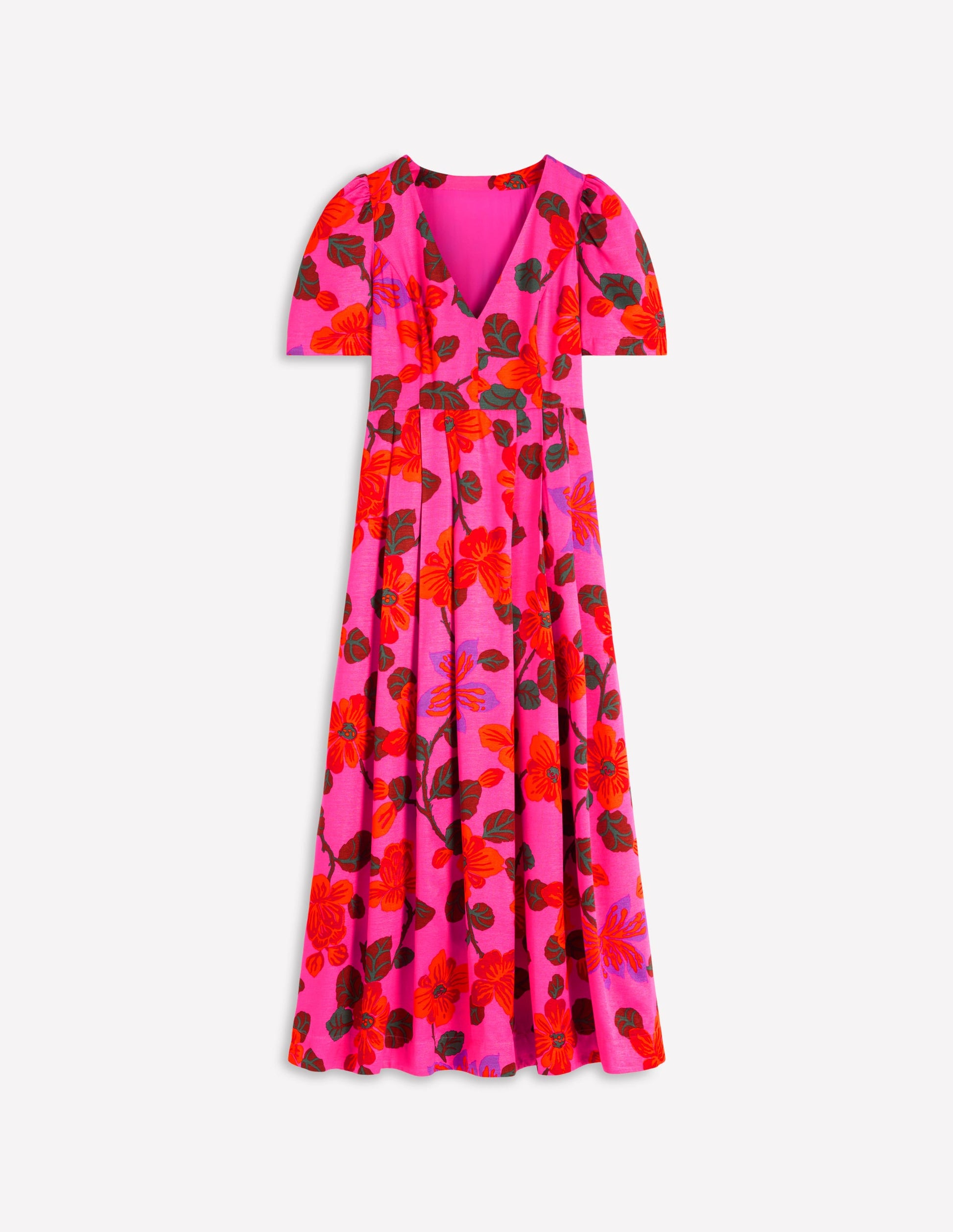 Pleat V-neck Dress-Pink Floral-6