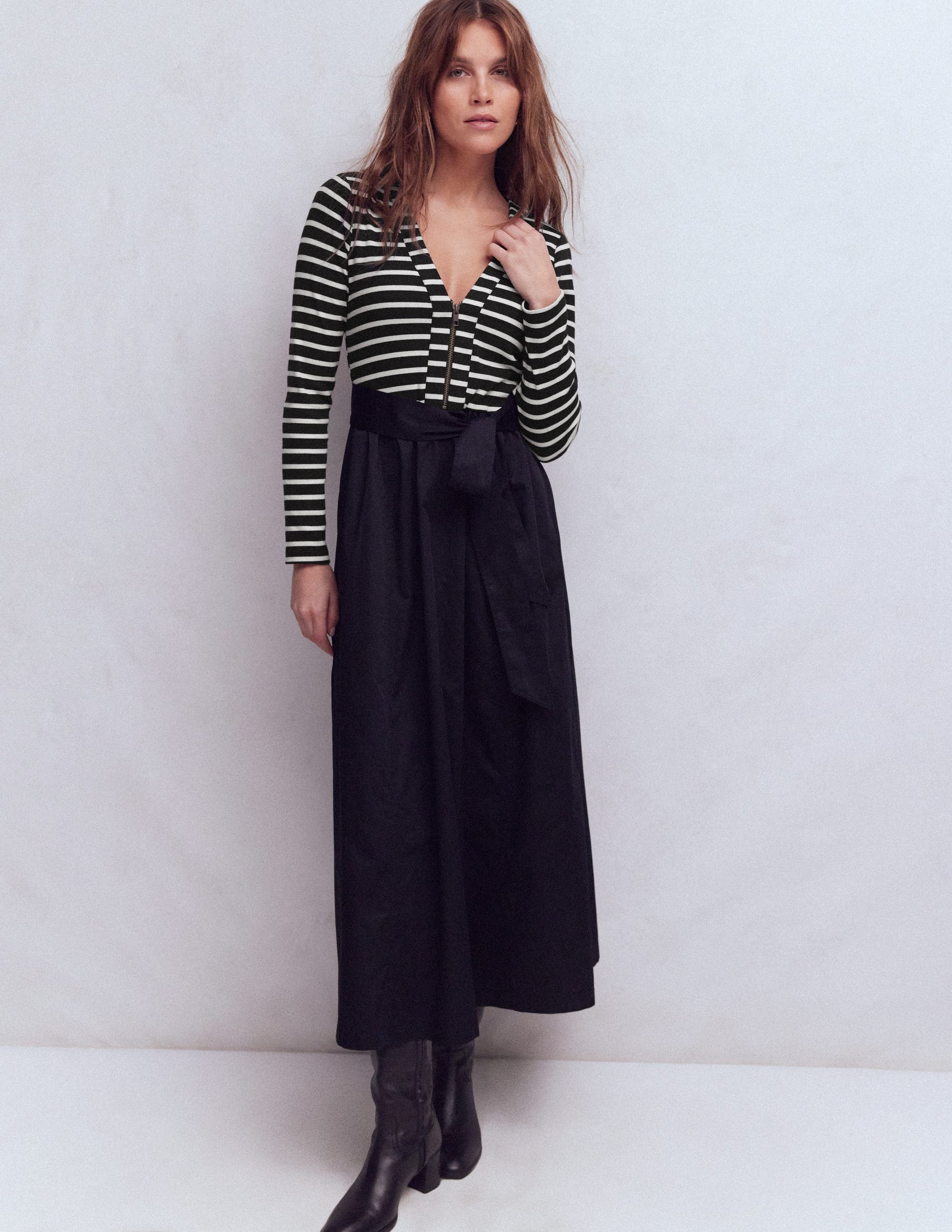 Long Sleeve Mix Media Dress-Black Stripe-1