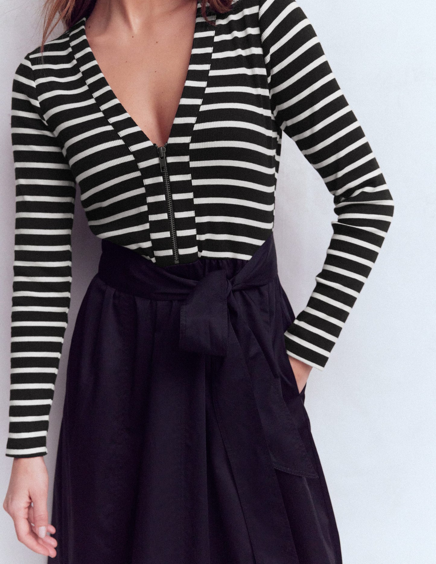 Long Sleeve Mix Media Dress-Black Stripe